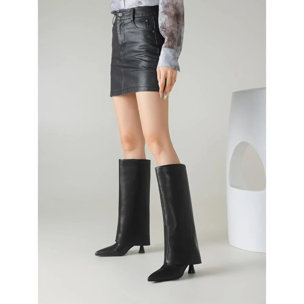 Women's Black  Leather Slouchy  Knee High Pointed Toe Folded Shark Stylish Boot
